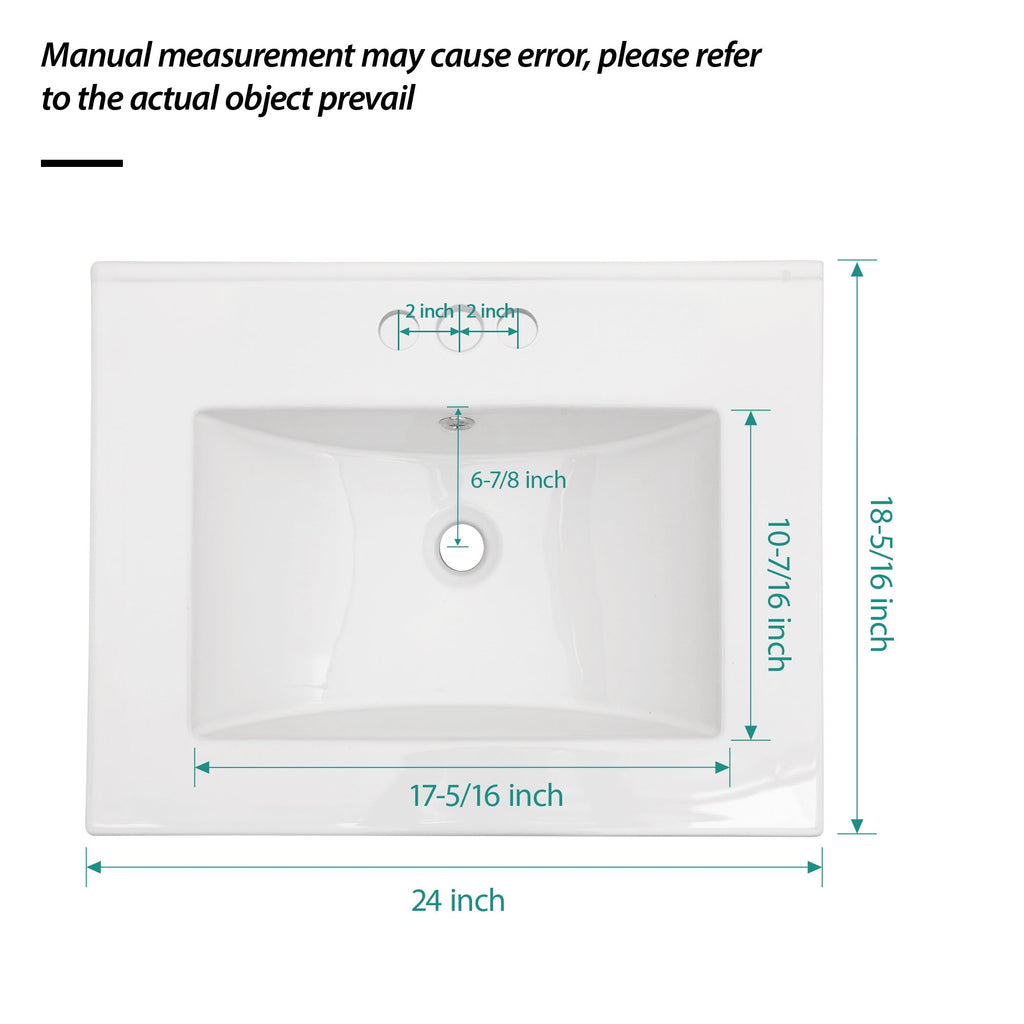 24"x18" White Rectangular Single Vanity Top with Faucet Holes