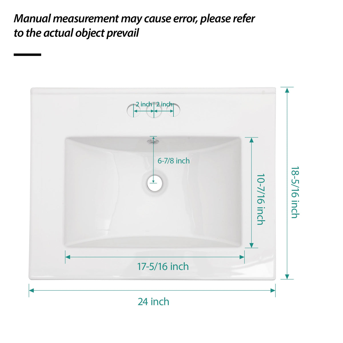 24"x18" White Rectangular Single Vanity Top with Faucet Holes