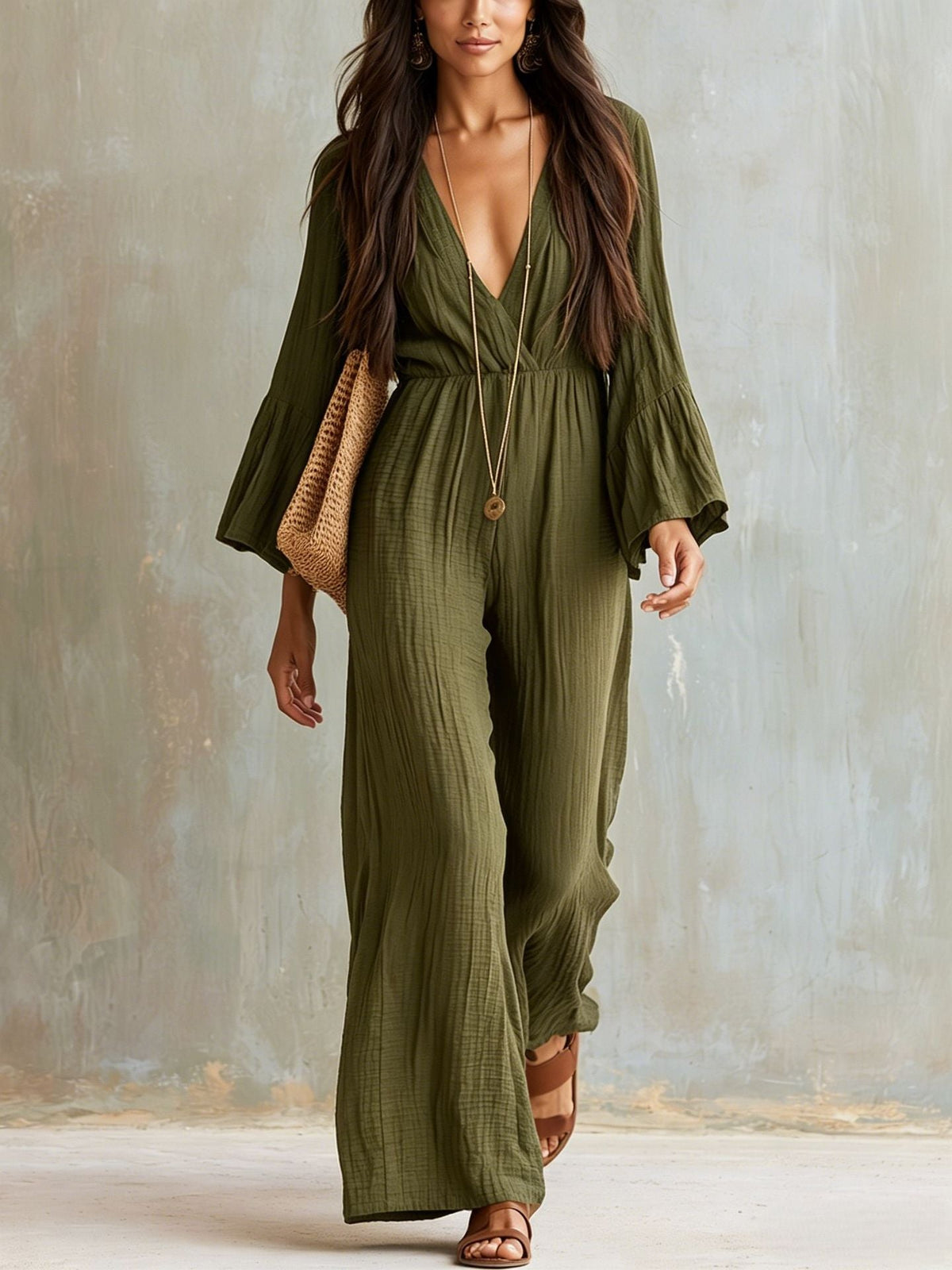 Bohemian-style V-neck Loose-fit Wide-leg Jumpsuit