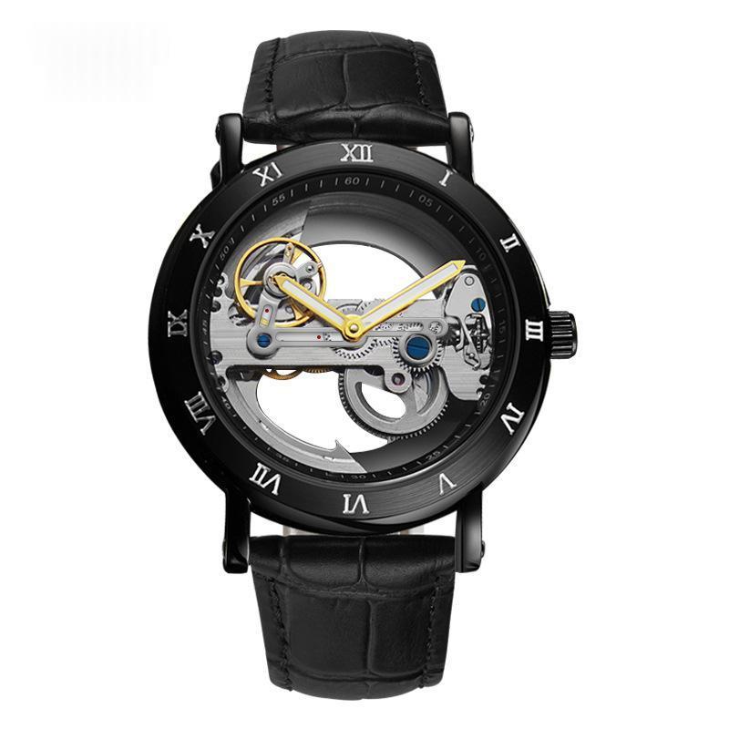 Wolishi Mens Mechanical Watch Leather Strap Waterproof Open-work Design