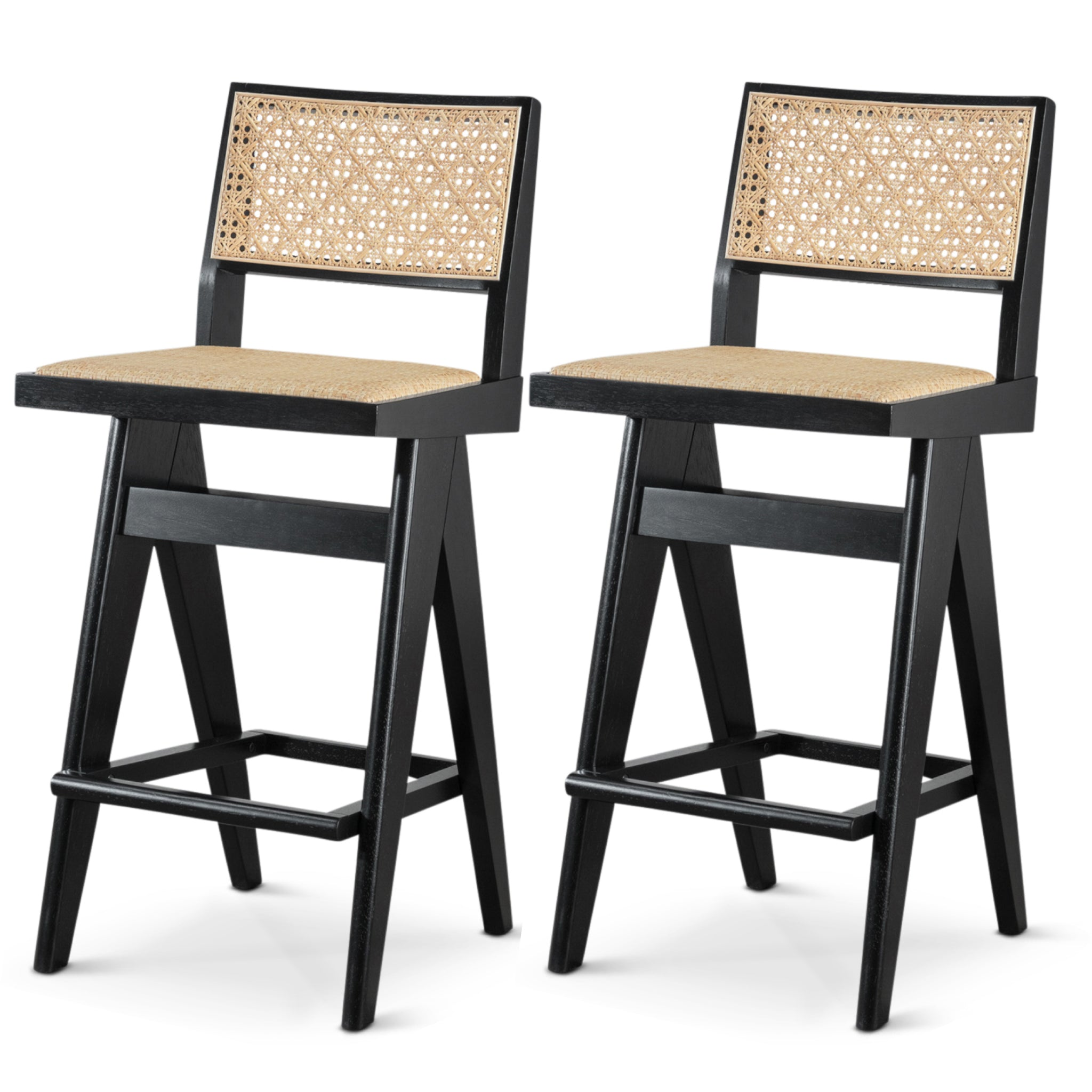 Keira Mid-Century Rattan Bar Stool Set of 2 with Leather Seat