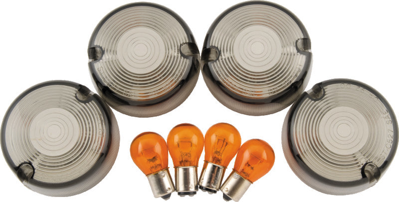Bikers Choice 86-99 FXST 86-01 FXD FXR XL Smoked Turn Signal Lens & Amber Bulb Kit Repl H-D 69306-02 482544