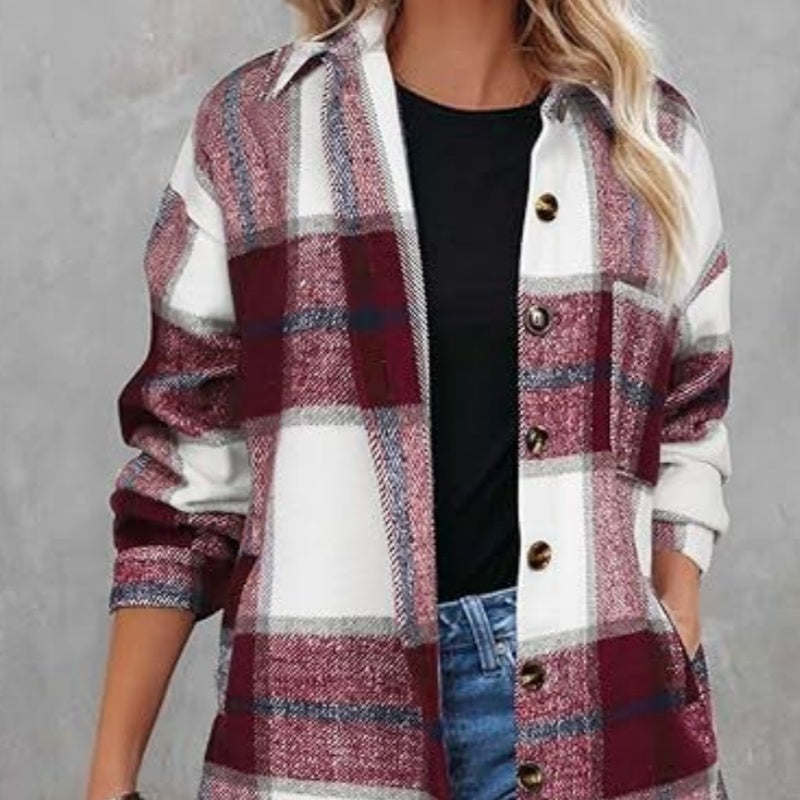 Womens Woolen Plaid Pocket Shirt Casual Jacket