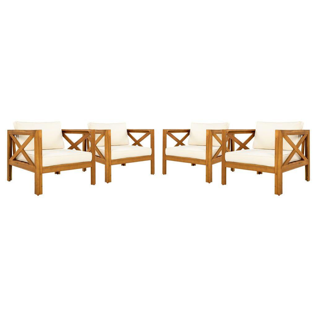 Outdoor Acacia Wood Club Wooden Armchair with Cushions (Set of 4)