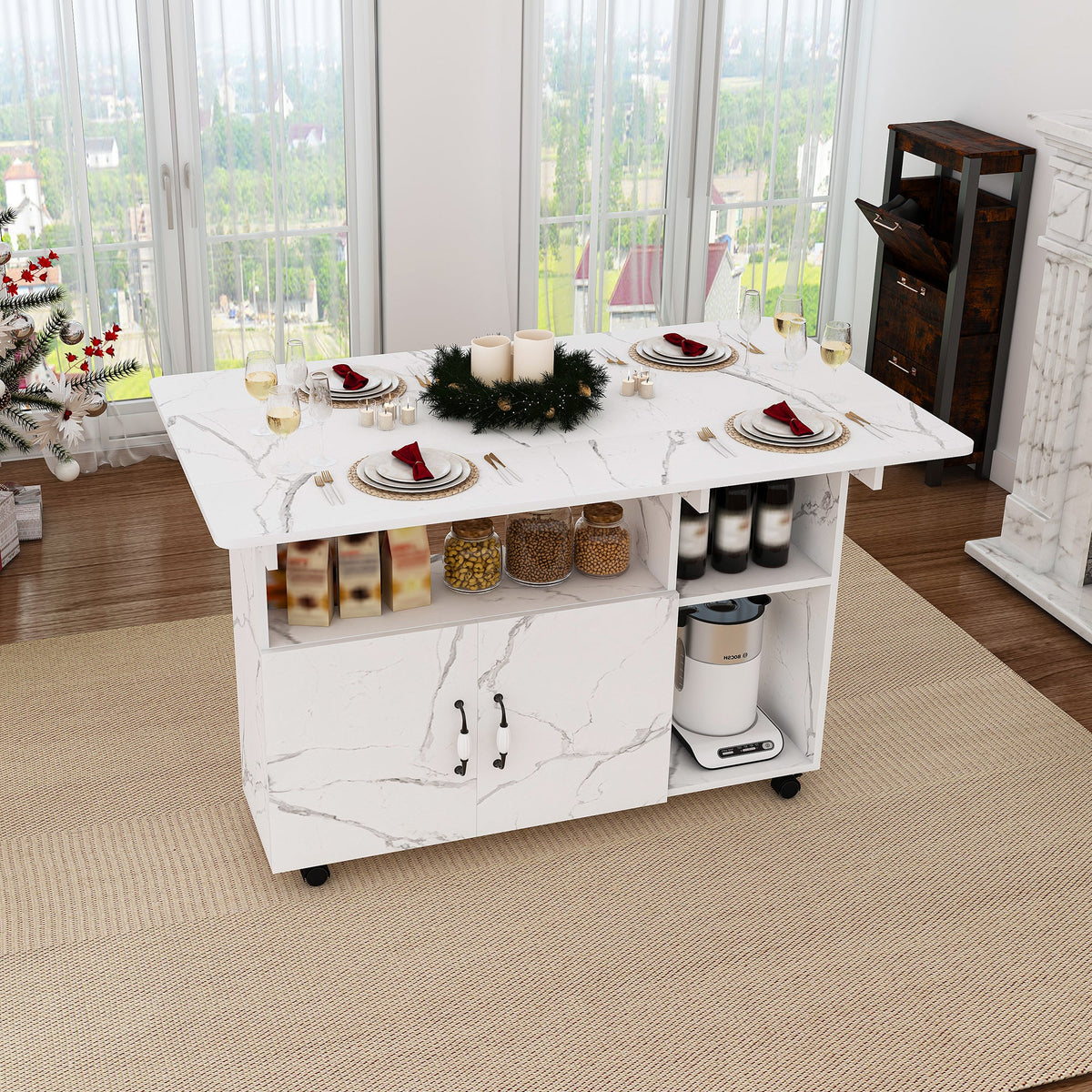 Multi-Functional Folding Table with Storage Shelves and Wheels