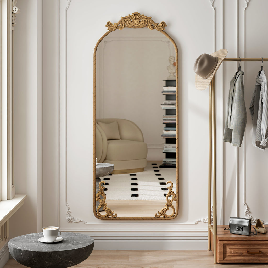 58"x24" Arched Full Body Mirror with Vintage Ornate Carved Applique