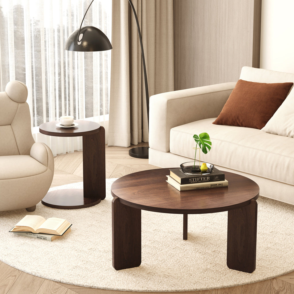32.68 Inch Nesting Round Wood Coffee Table with End Table Set of 2