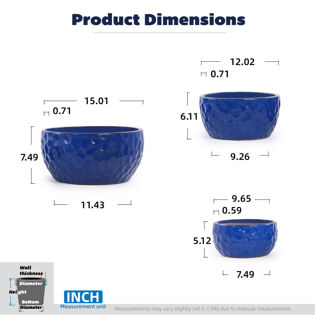 Handmade Ceramic Planter Set of 3 - Cobalt