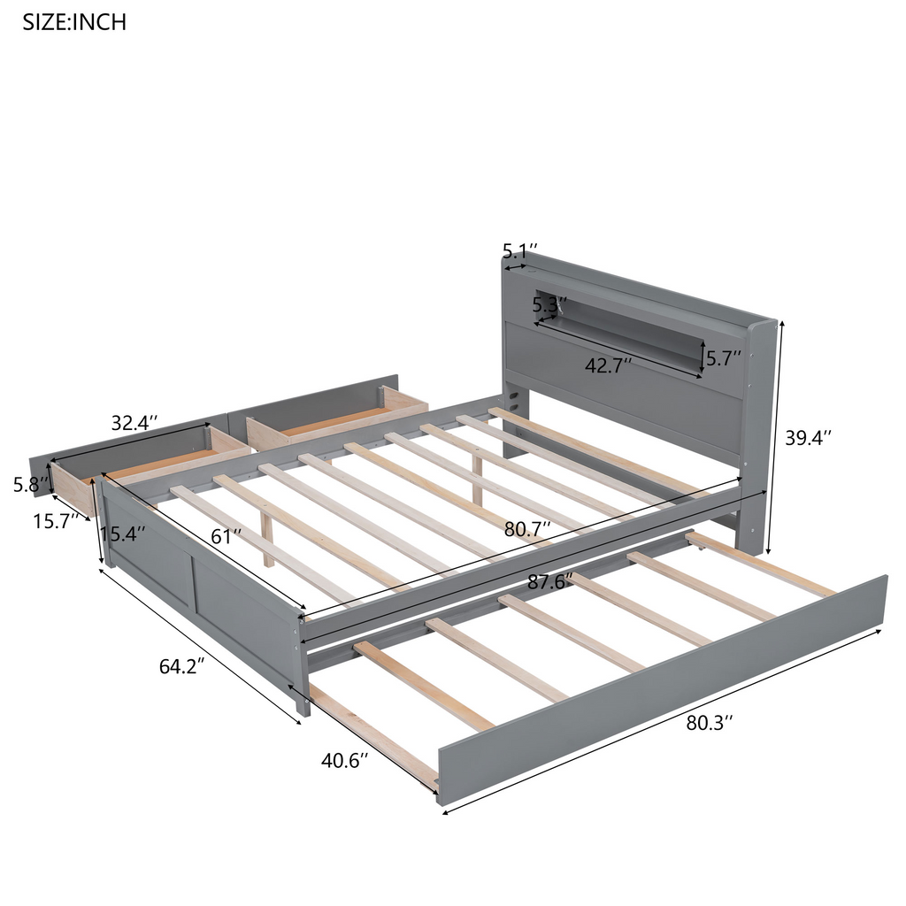 Queen Size Wood Storage Platform Bed with LED, 2 Drawers and 1 Twin Size Trundle