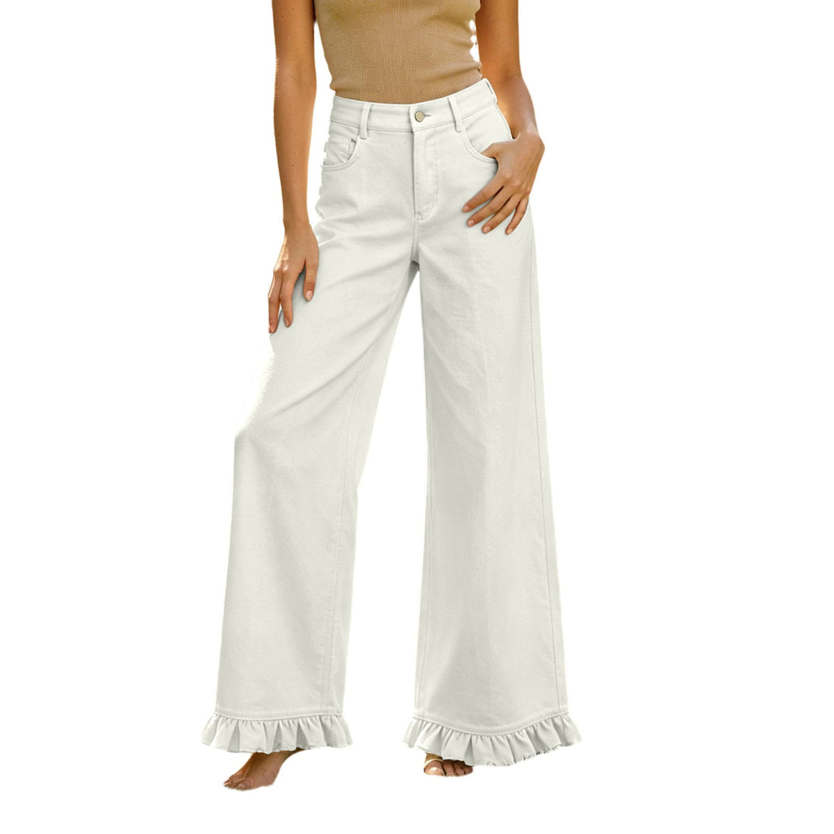 High-waisted Cotton-linen Wide-leg Pants With Ruffled Hem