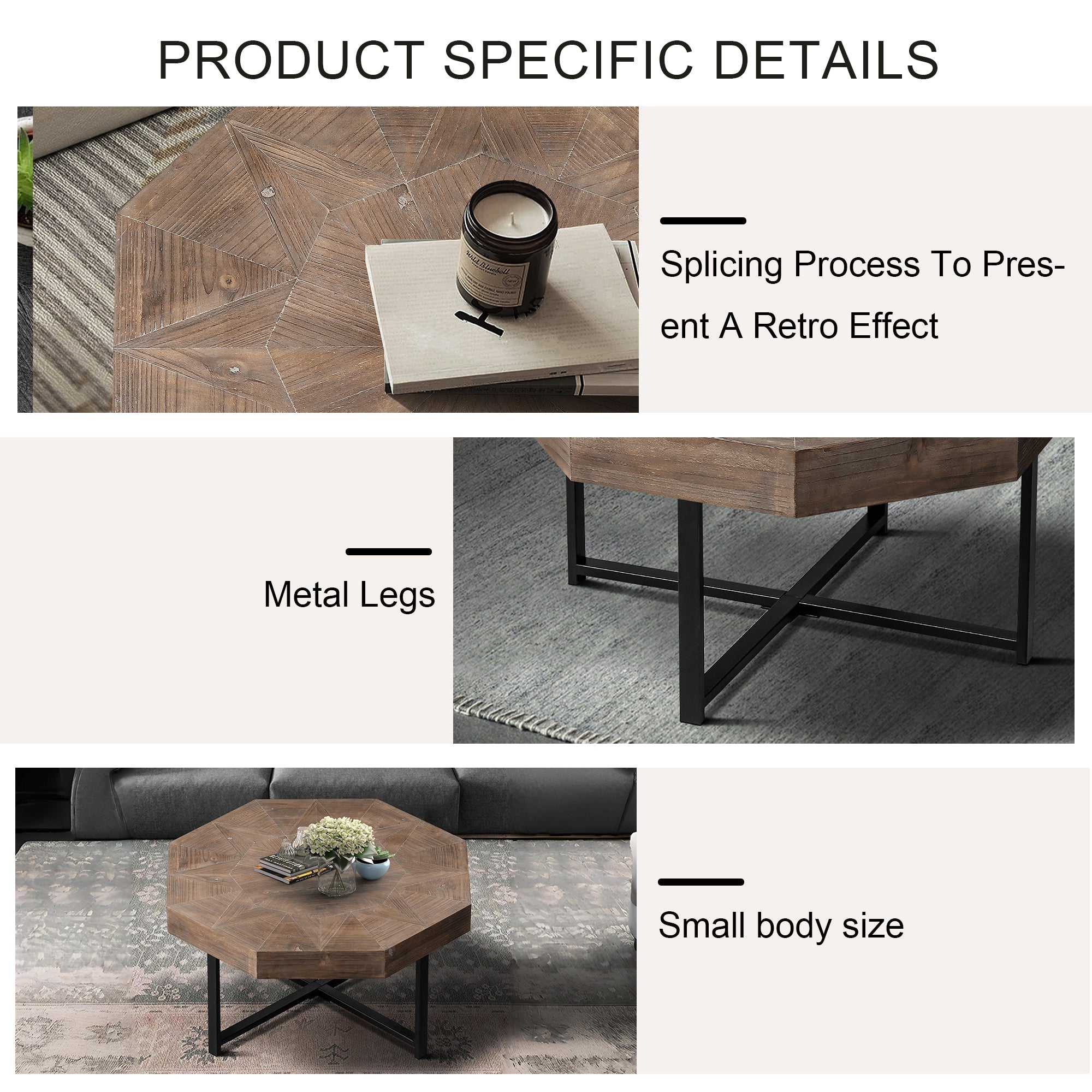 Wood Octagonal Vintage Patchwork Craft Farmhouse Coffee Table
