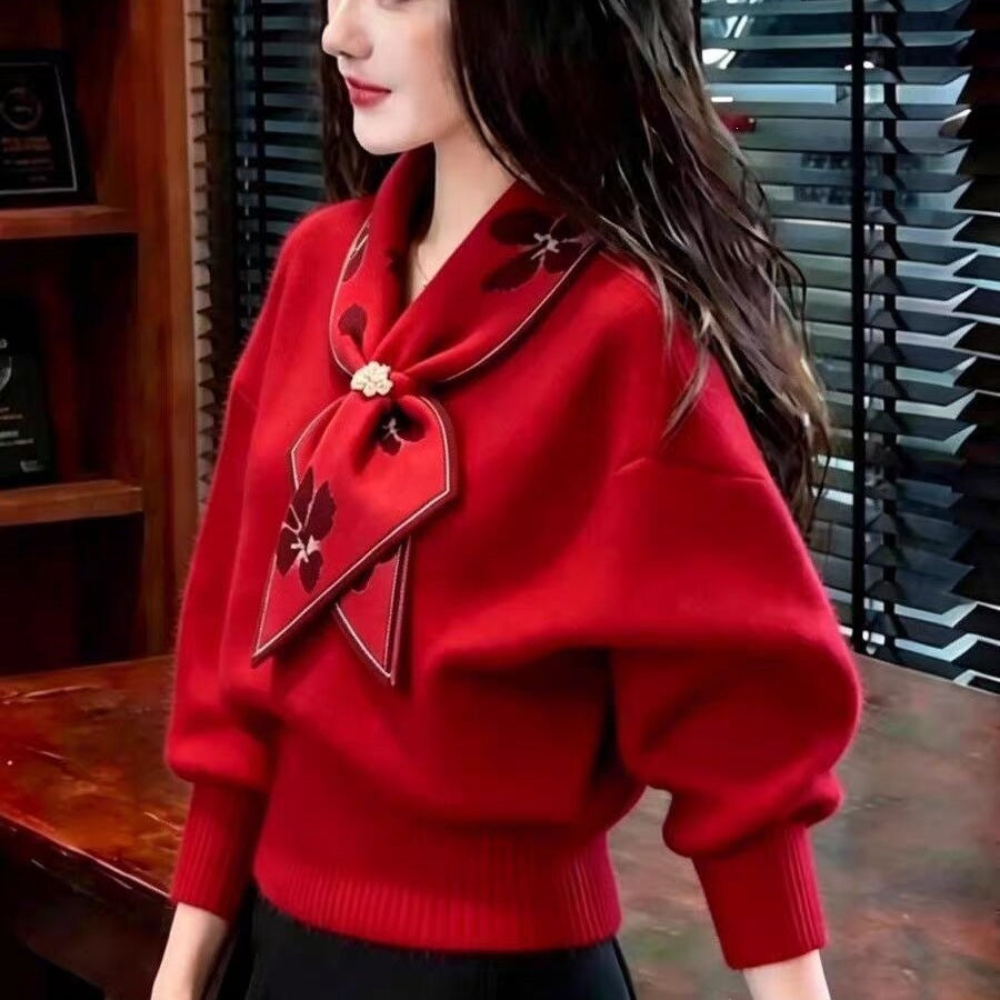 Bow-knot Collar Warm Knitted Sweater For Women