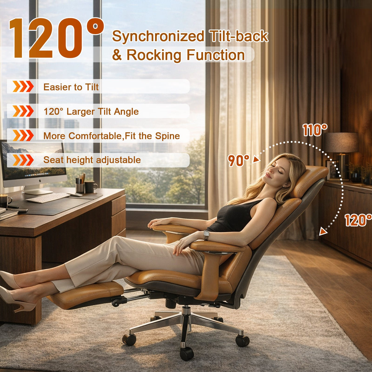 Genuine Leather Office Chair with Flexible Footrest
