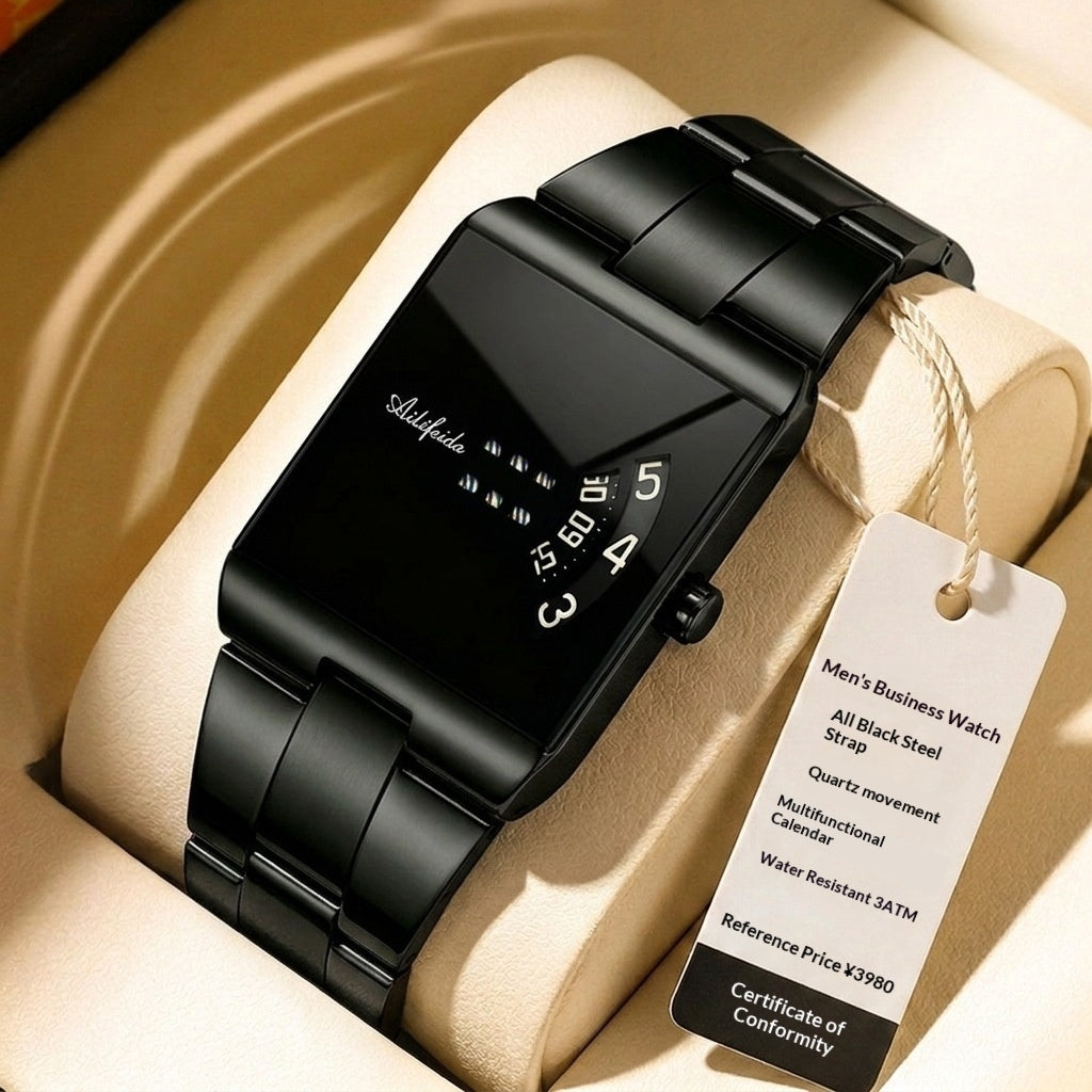 Square Quartz Waterproof Steel-band Luxury Mens Wristwatch