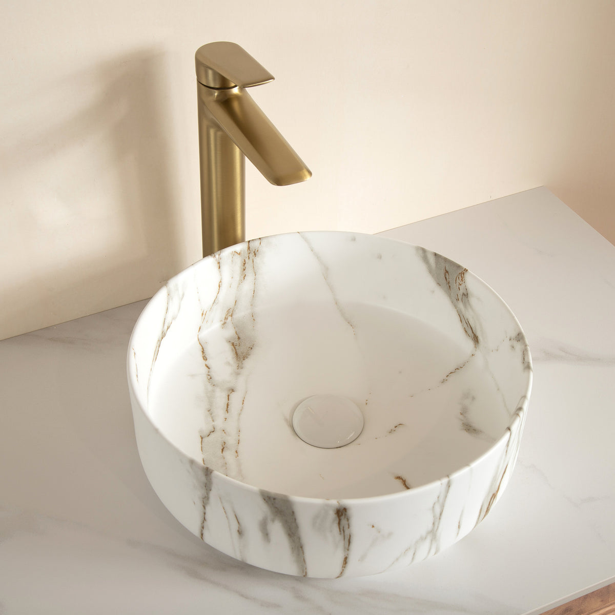 14" Round Vessel Ceramic Bathroom Sink with Stone Pattern