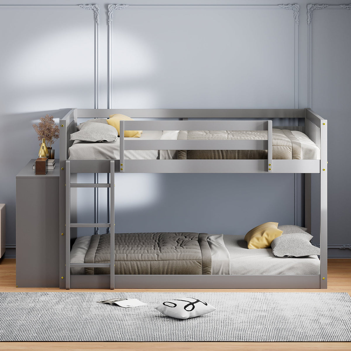 Full Over Full Bunk Bed with 4 Drawers and 3 Shelves - Gray