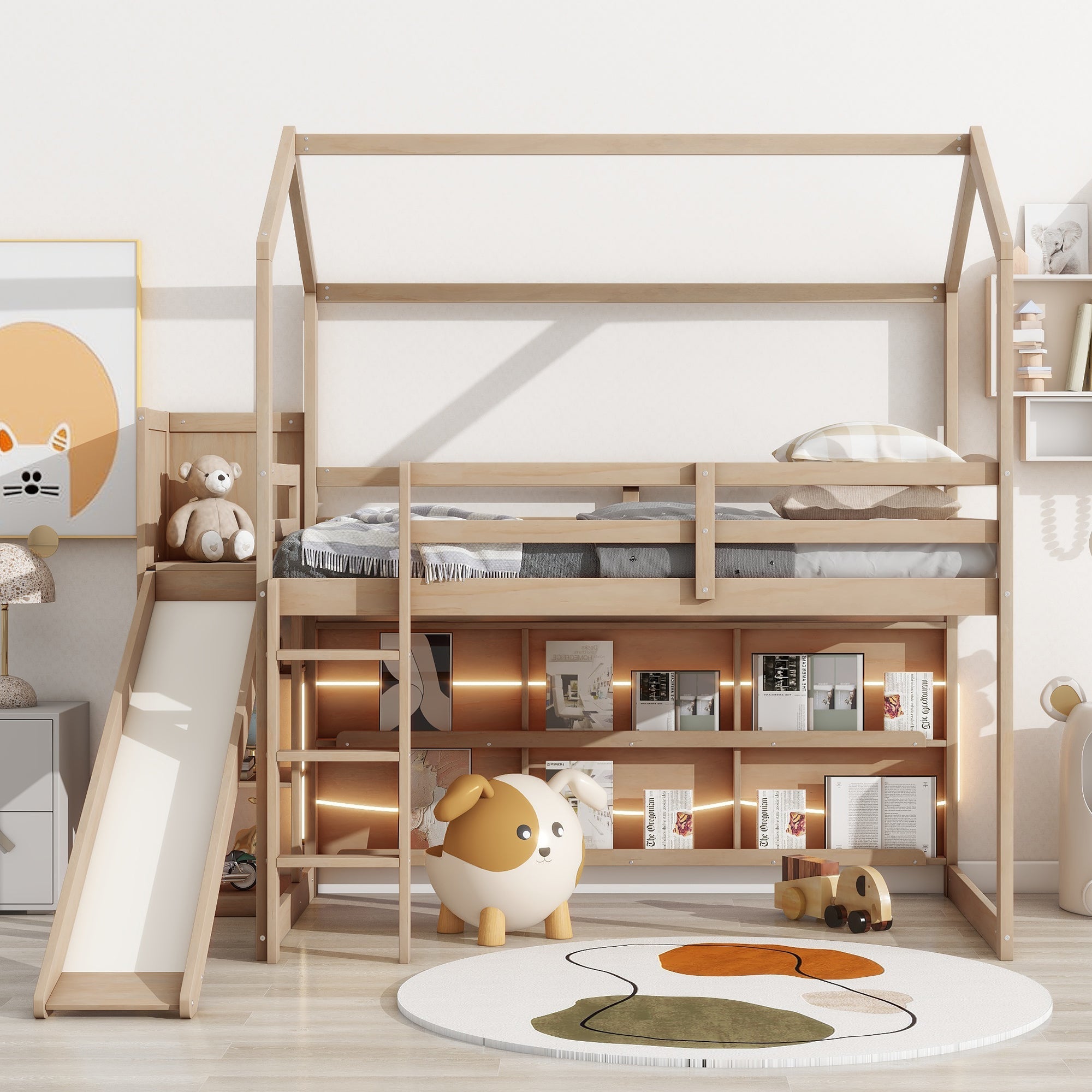 Twin Size Wood House Loft Bed with Slide, Storage Shelves and Light