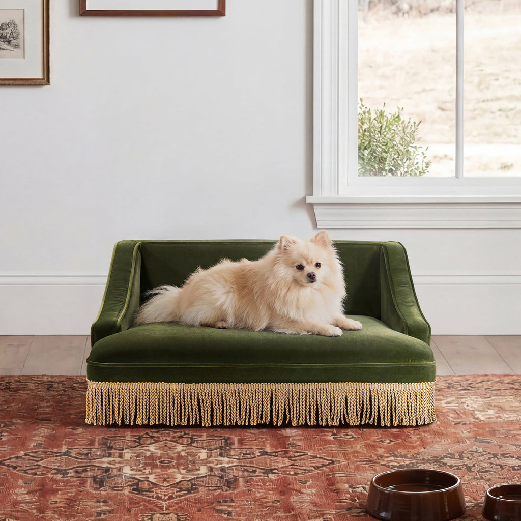 Duchess 33" Medium Princess Pet Bed Sofa with Fringe Skirt, Olive