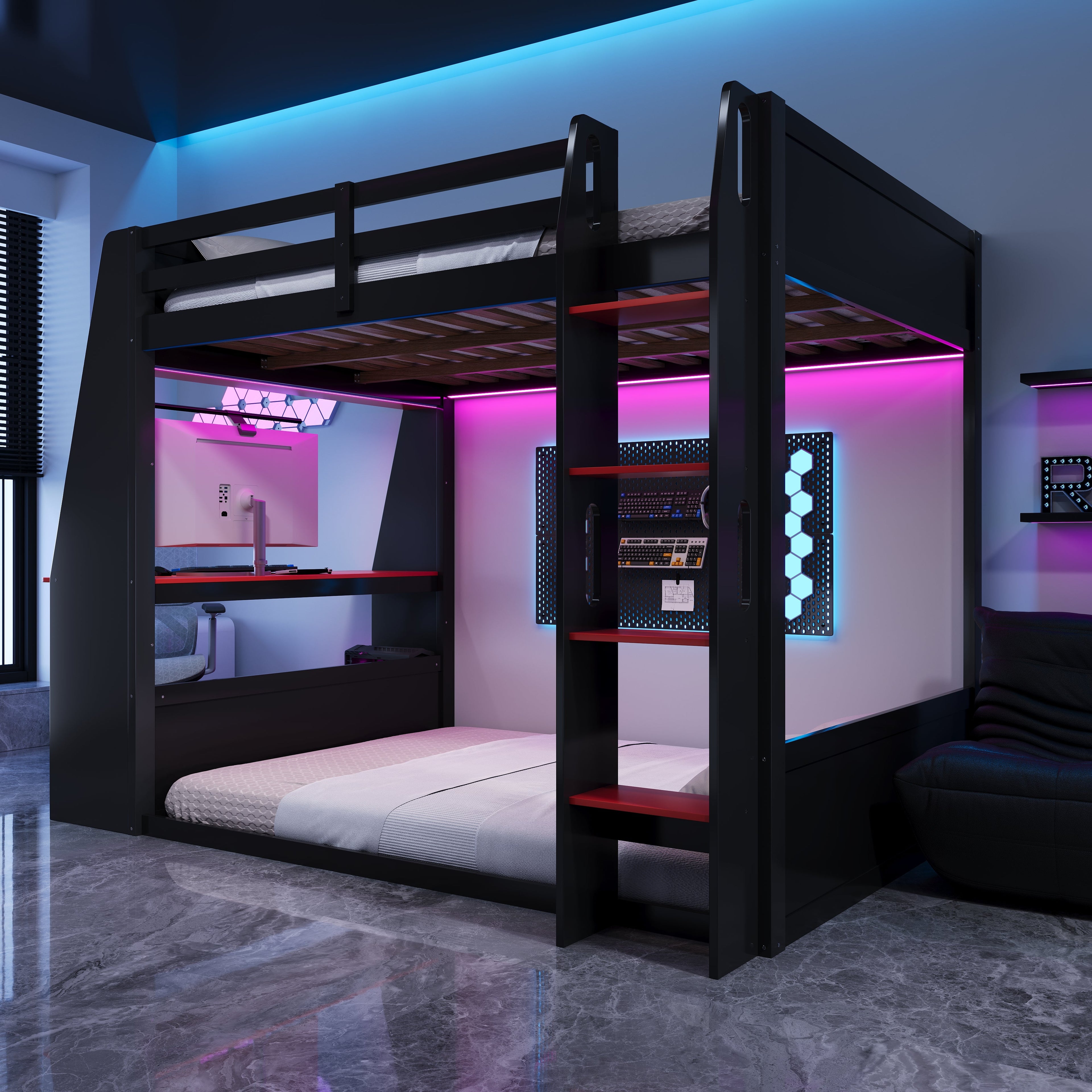 Full Size Wooden Gaming Bunk Bed with Desk and Storage