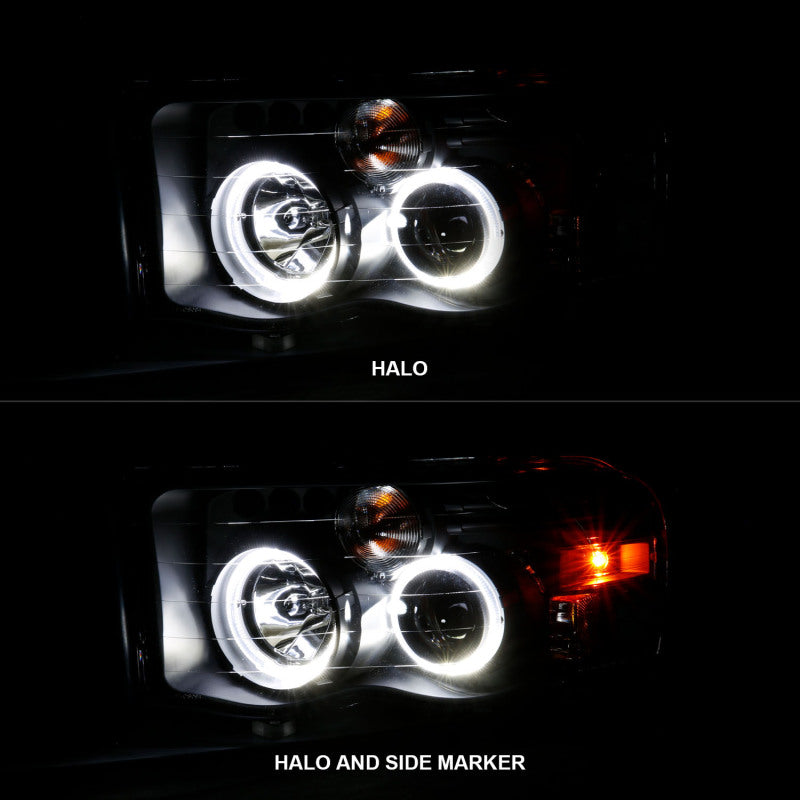 ANZO 2002-2005 Dodge Ram 1500 Projector Headlights w/ Halo Black Clear Amber 111490