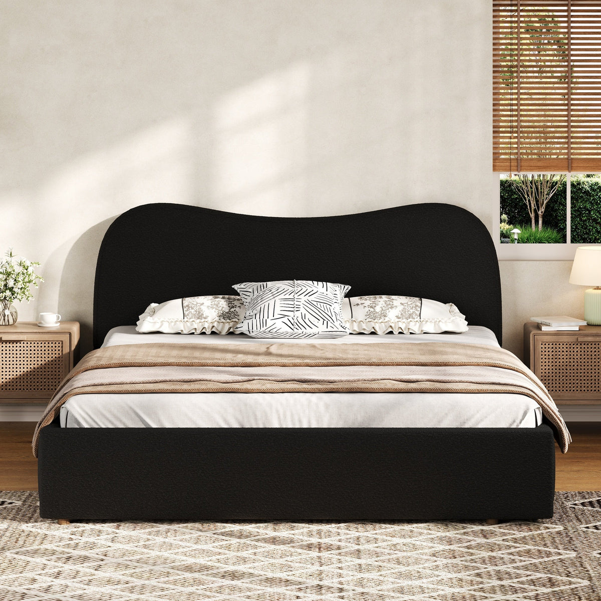 Queen Size Upholstered Platform Bed with Wooden Slats