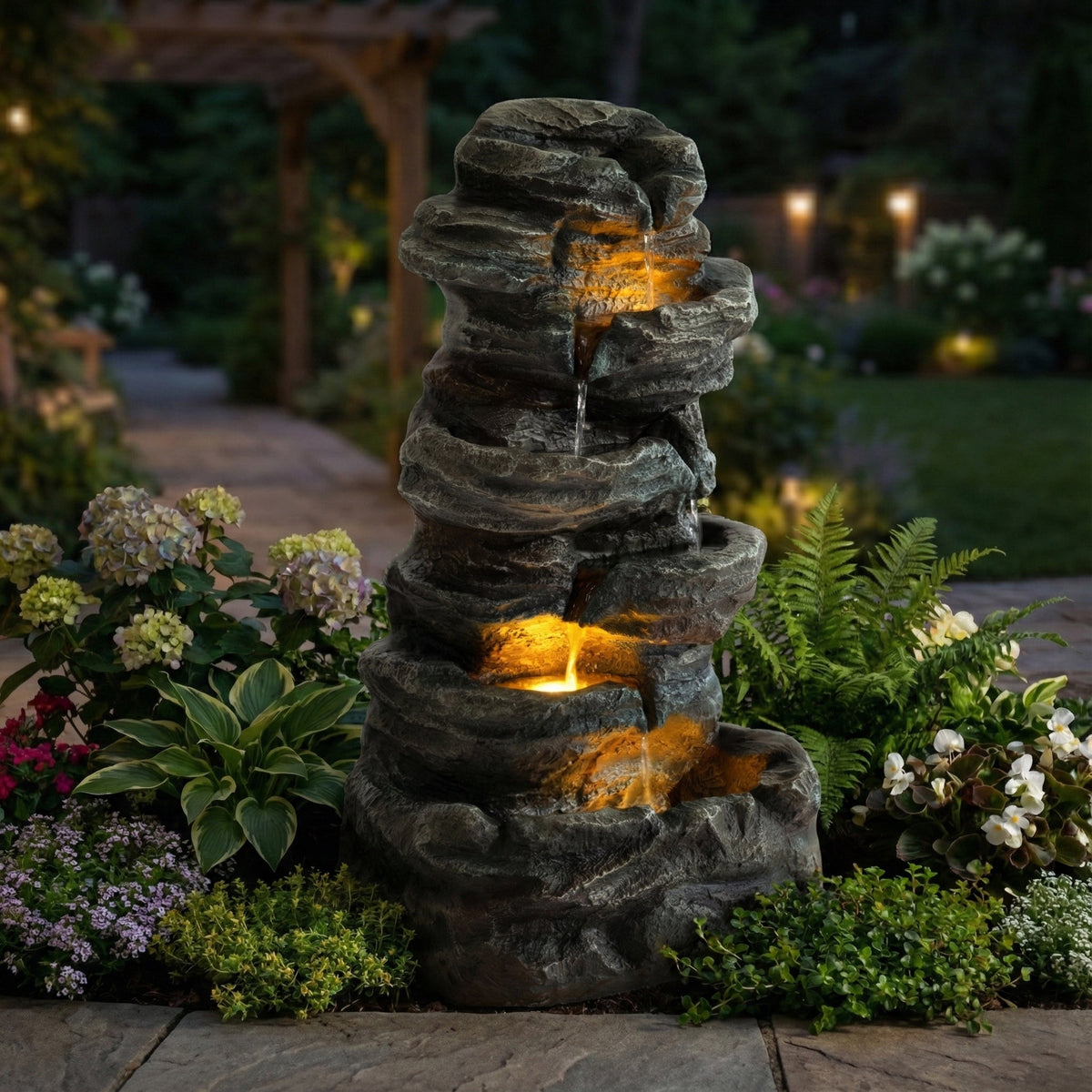 6-Tier Outdoor Cascading Stone Water Fountain with LED Lights