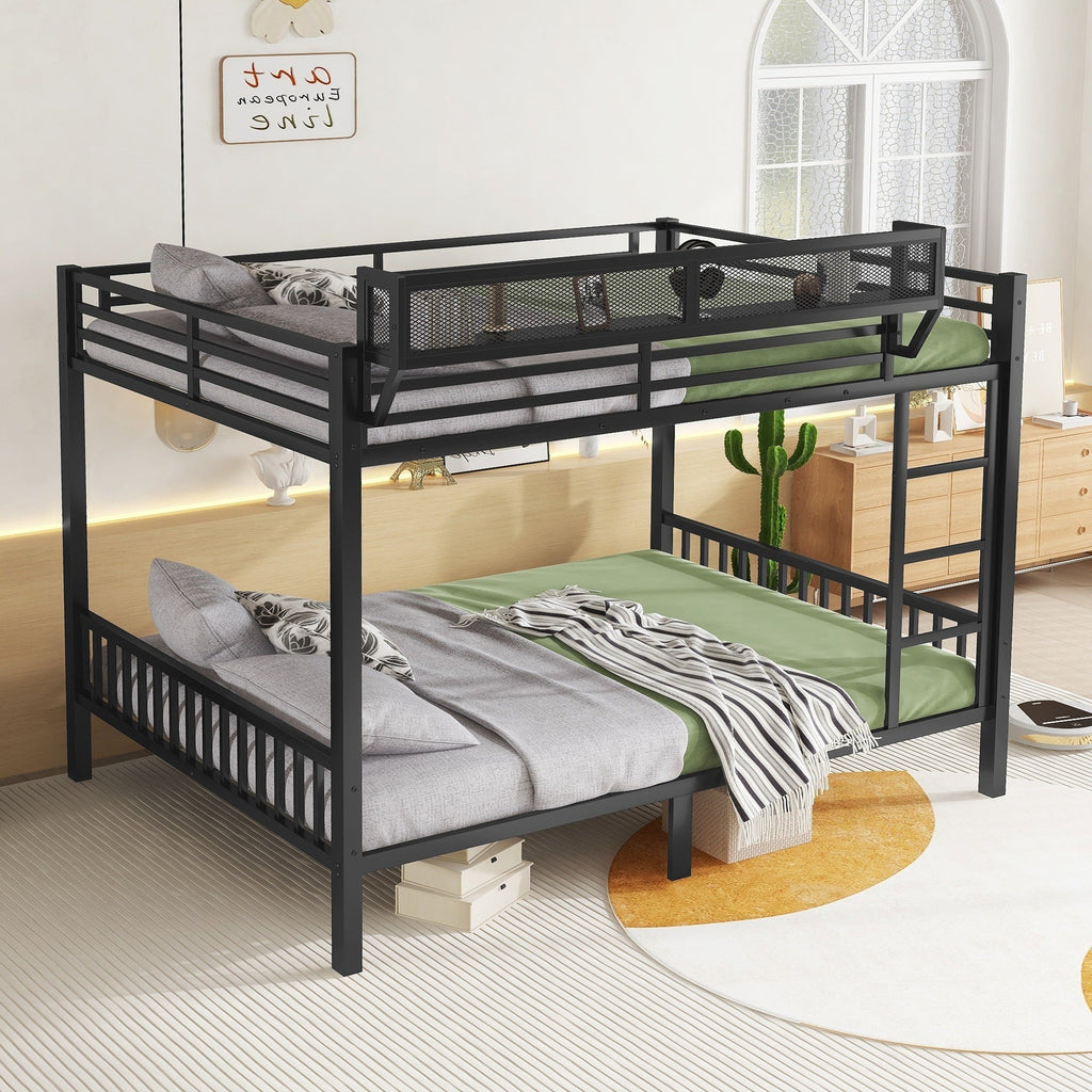 Queen Over Queen Metal Bunk Bed with Ladder and Storage Shelf