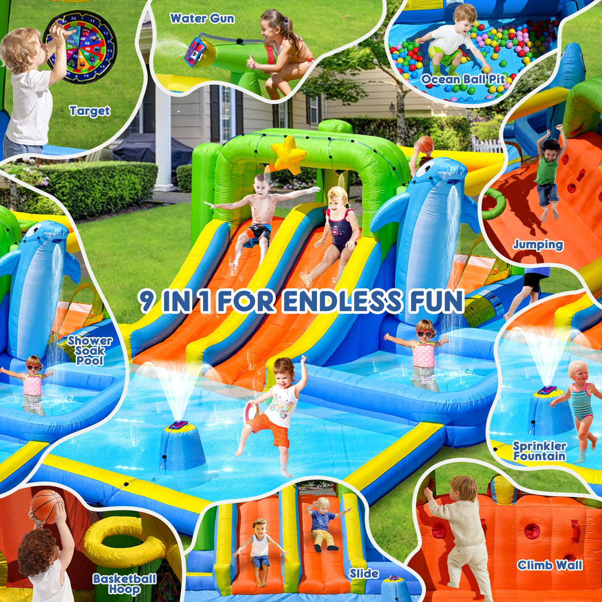 9 In 1 Inflatable Bounce House with Blower and Pool