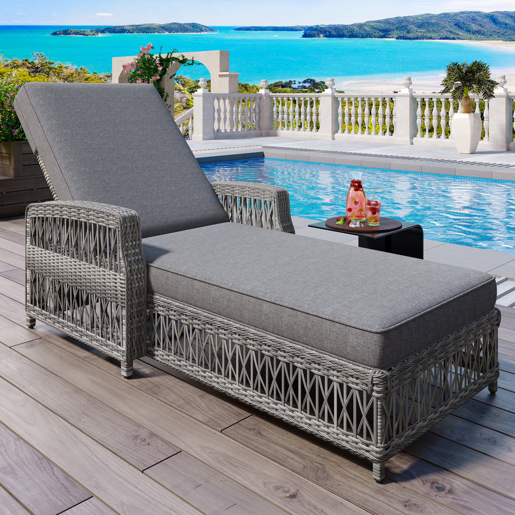 GO Outdoor Long Reclining Chaise, Wicker Lounge with Armrests