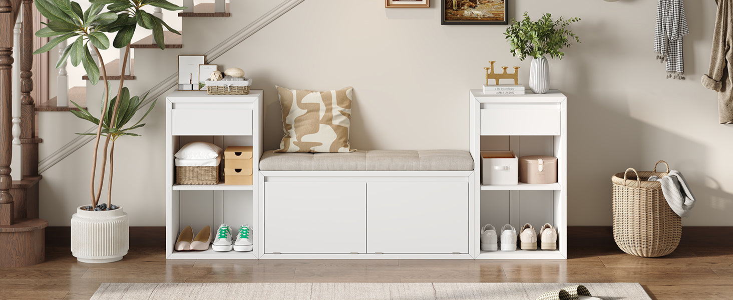 TREXM All-in-One Entryway Storage Bench with Cushion, Compartments & Drawers