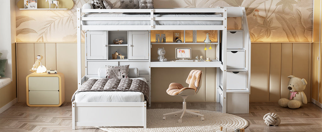 Twin Over Twin Loft Bed with Built-in Desk and Staircase