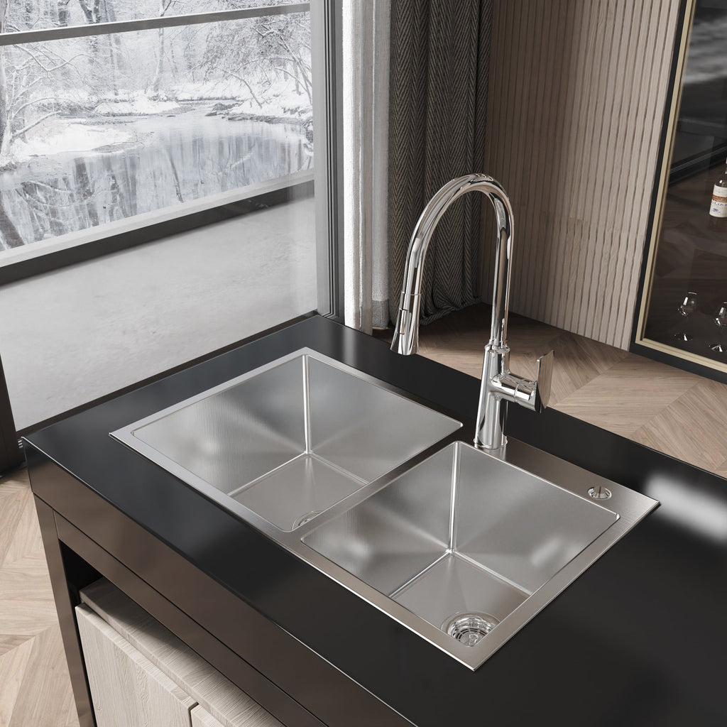 Stainless Steel Kitchen Sink, 32″x19″ Double Bowl in Brushed Nickel