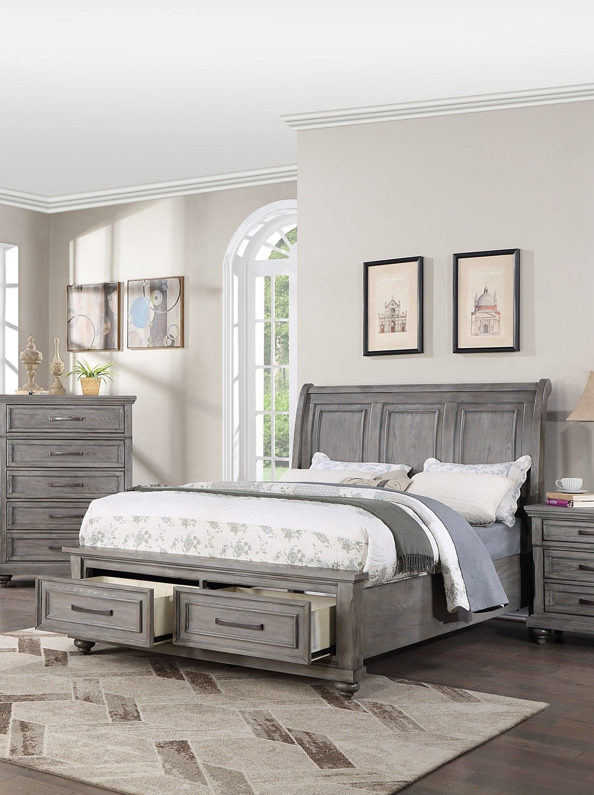 Vintage Queen Size Bed with Underbed Drawer and Nightstands