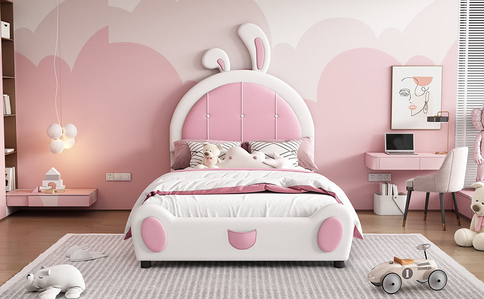 Twin Size Upholstered Platform Bed With Rabbit Shaped Headboard
