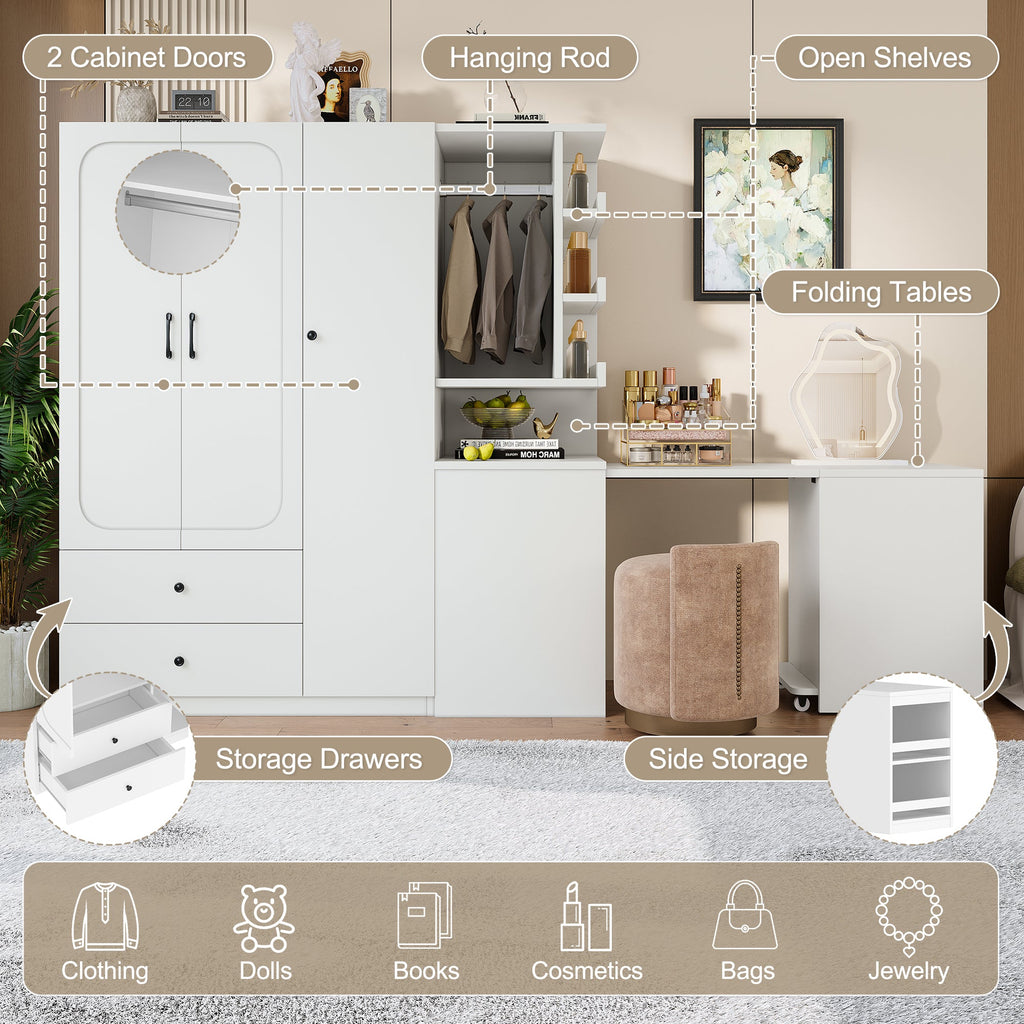 Multifunctional Wardrobe with 2 Doors and Convertible Desk