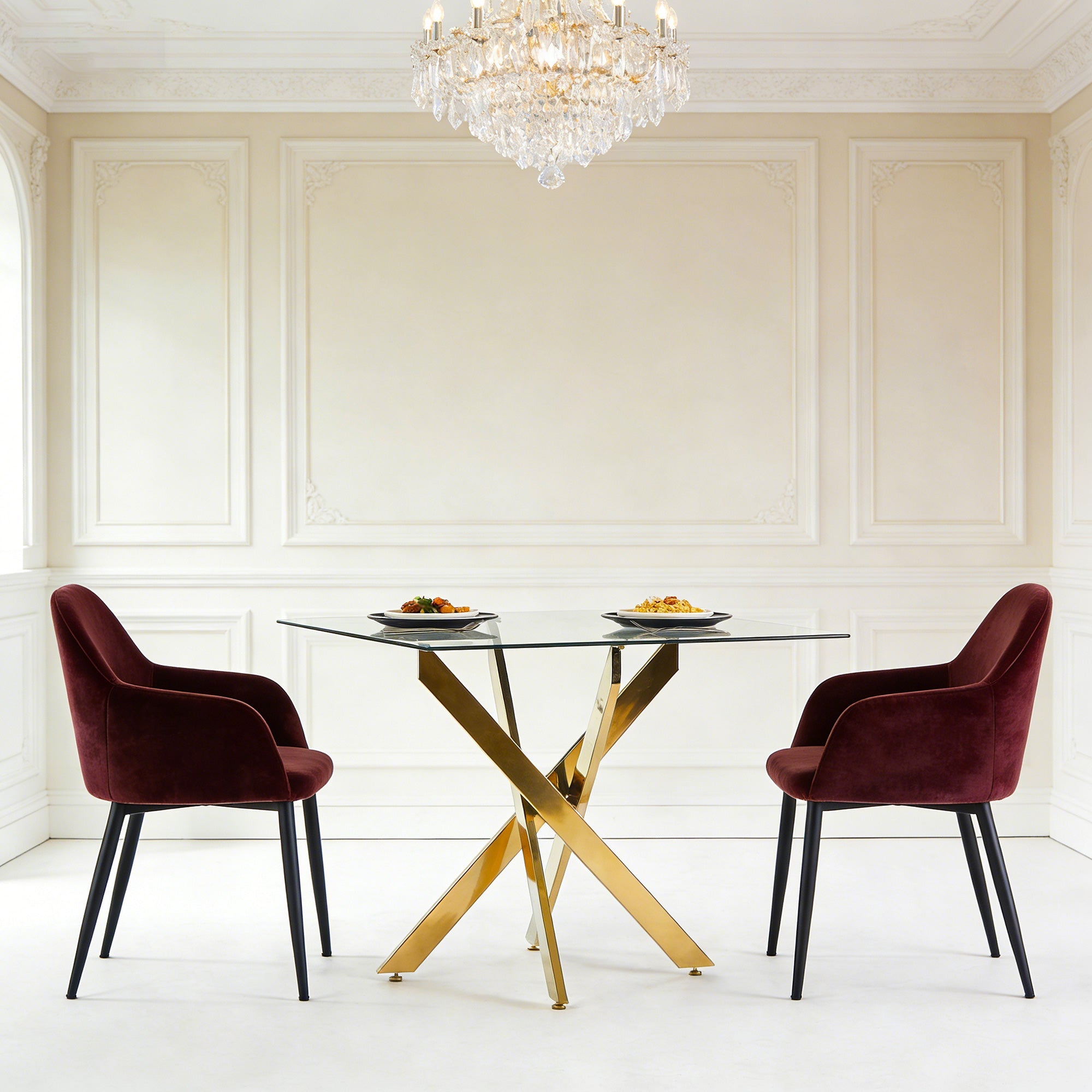 Dining Table with Cross Metal Leg and Tempered Glass