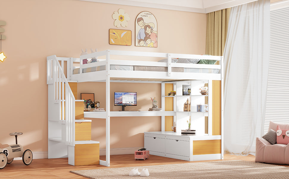 Full Size Loft Bed With Desk And Shelves, Two Built-in Drawers, Storage Staircase