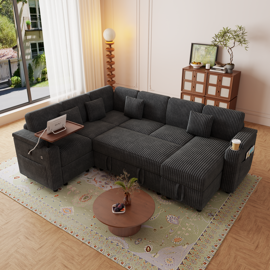 100-Inch Pull-Out Sofa with USB Ports, Table Board & Cup Holder