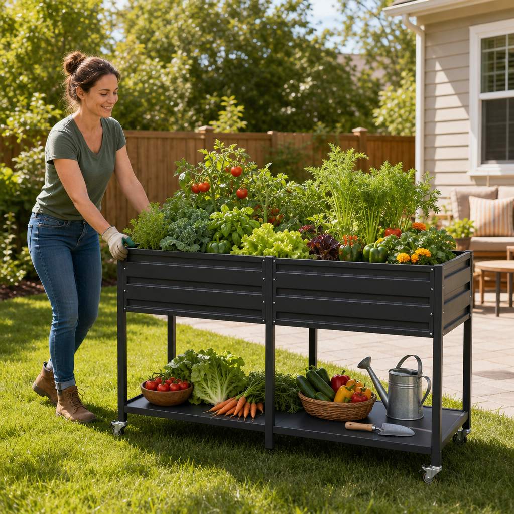 2-Tier Elevated Metal Wicking Garden Bed with Lockable Wheels
