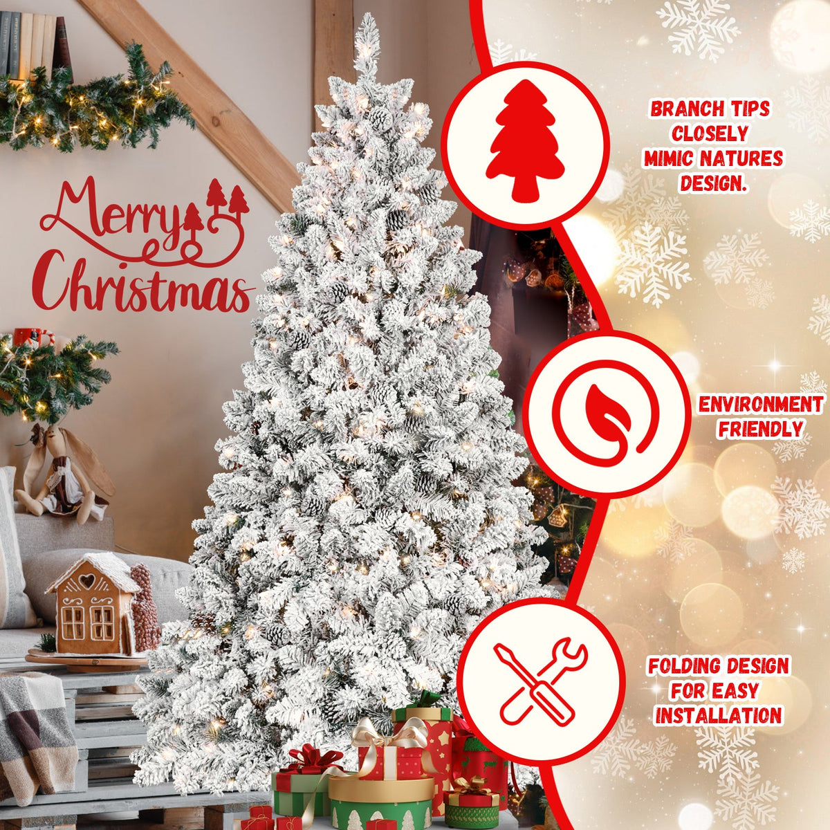 7.5FT Flocked Christmas Tree with 550 UL Lights and Pine Cones
