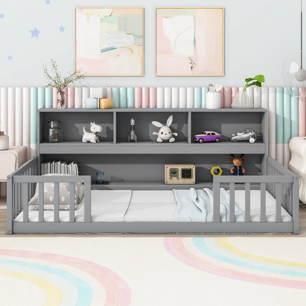 Twin Floor Bed with Bedside Bookcase, Shelves, Guardrails