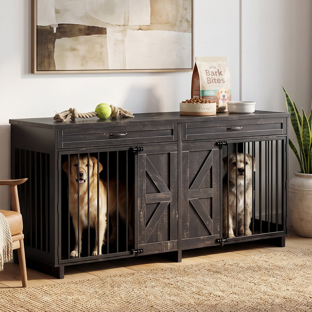 Dog Crate Furniture TV Stand - 2-in-1 Wooden Dog Kennel with Storage