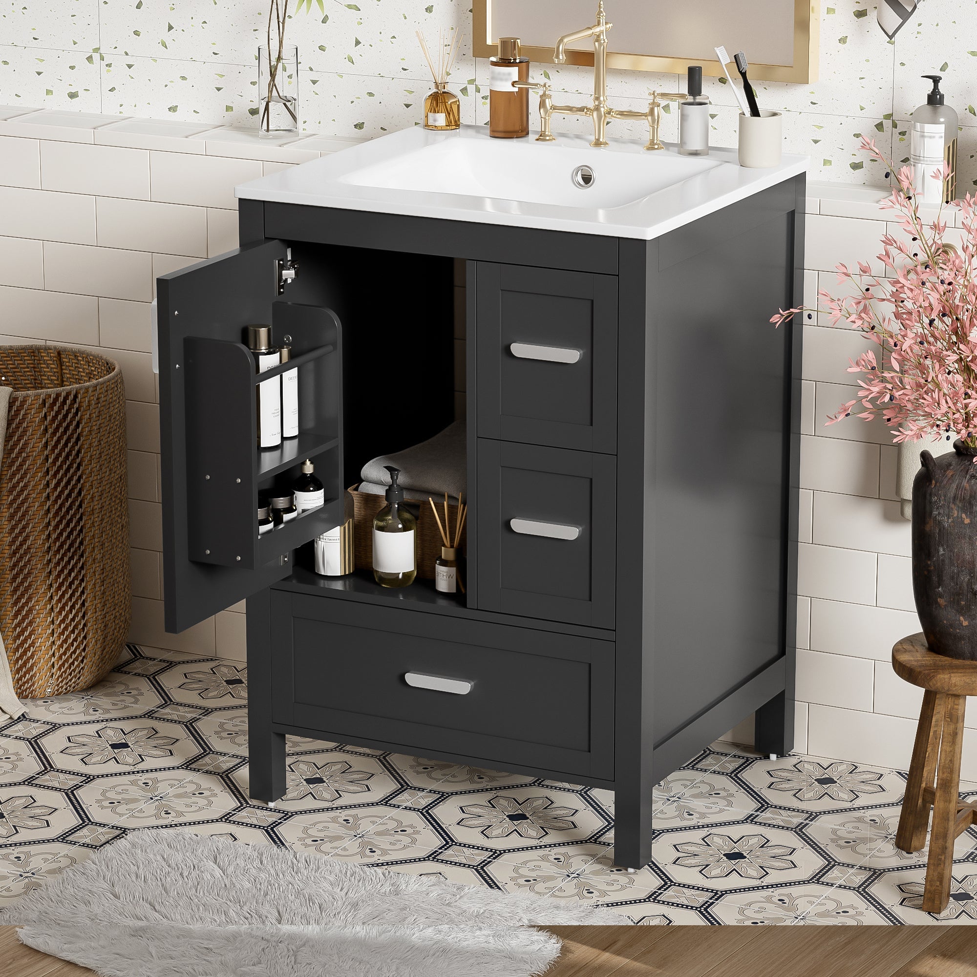 Modern 24-Inch Bathroom Vanity with Ceramic Sink