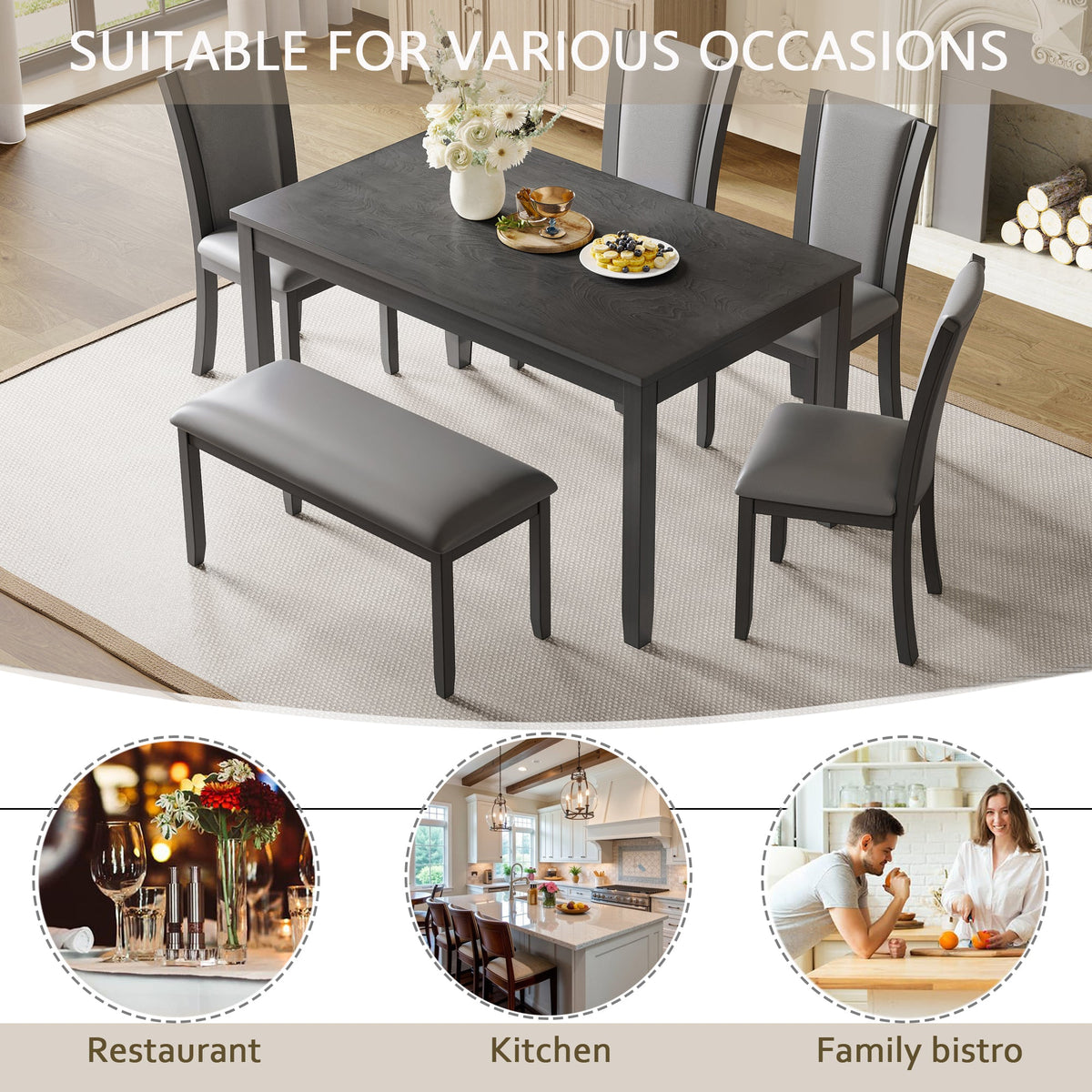 6-Piece Dining Table Set with Bench and Chairs