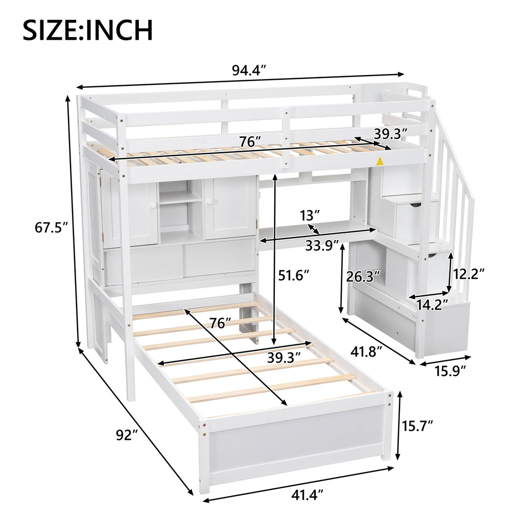 Twin Over Twin Loft Bed with Built-in Desk and Staircase