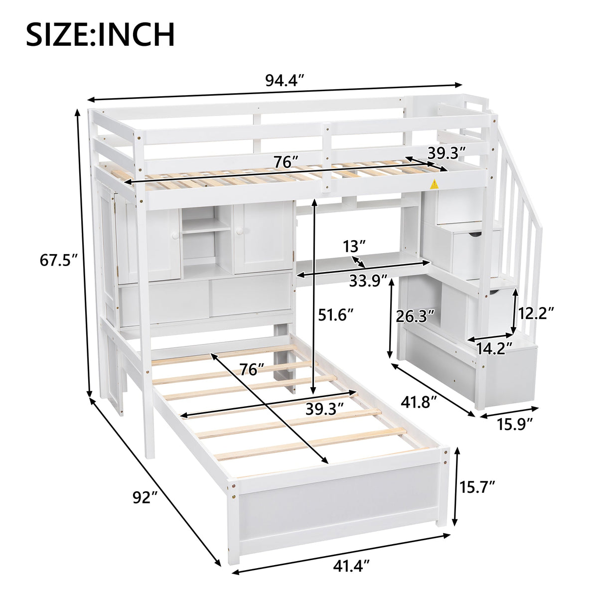 Twin Over Twin Loft Bed with Built-in Desk and Staircase