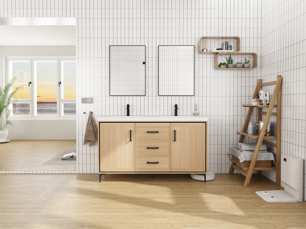 60" Freestanding Bathroom Vanity with Double Resin Sink