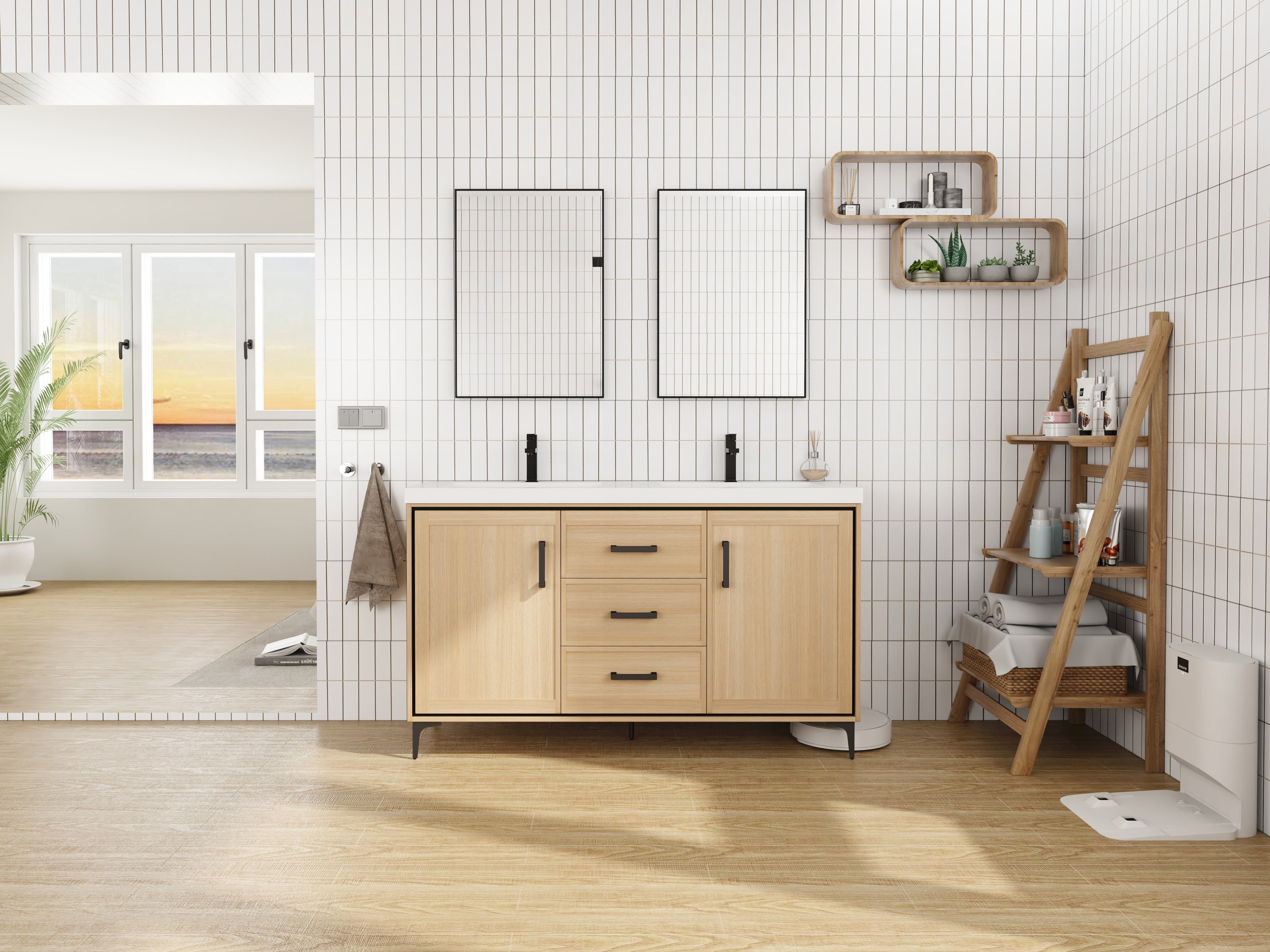 60" Freestanding Bathroom Vanity with Double Resin Sink