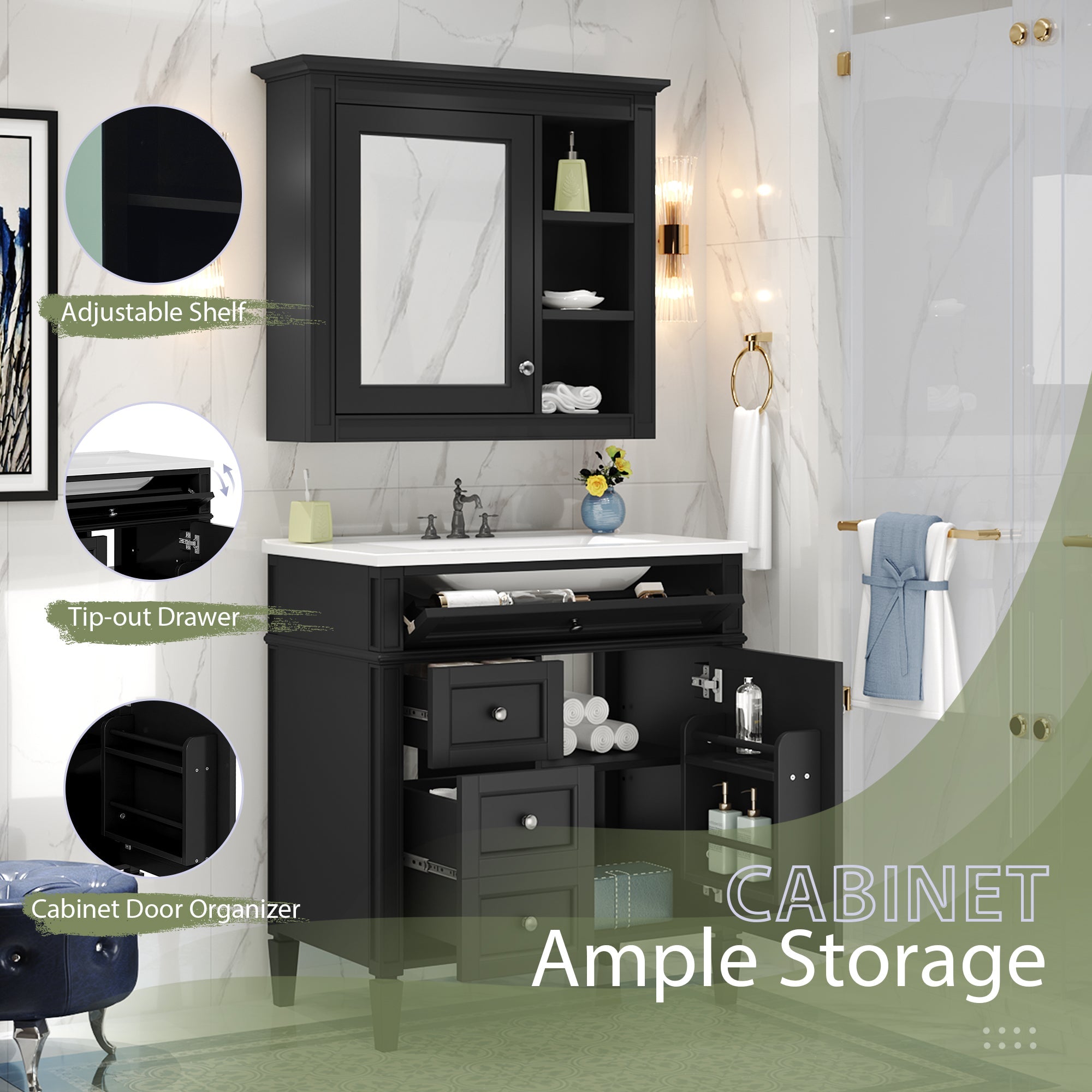 30" Bathroom Vanity with Top Sink, Modern Storage Cabinet