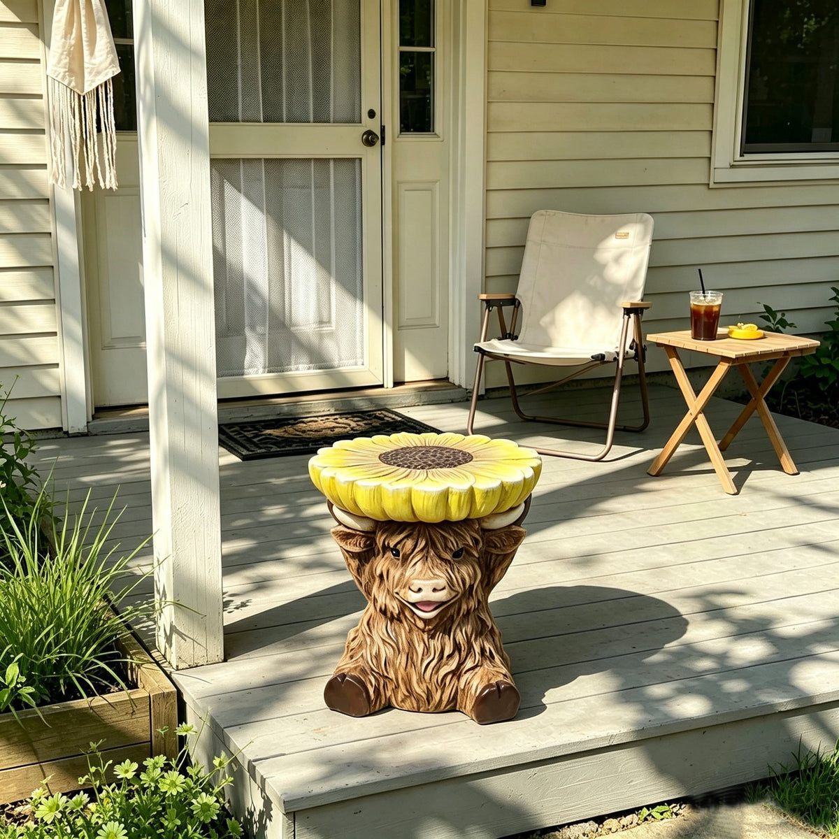 Highland Cow Stool with Sunflower Tabletop